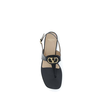 Valentino Garavani Black Calf Leather Bos Taurus Flat Sandals