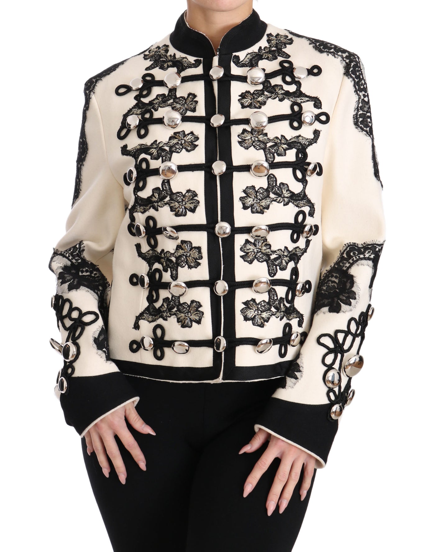 Veste baroque à fleurs noires en laine blanche Dolce &amp; Gabbana