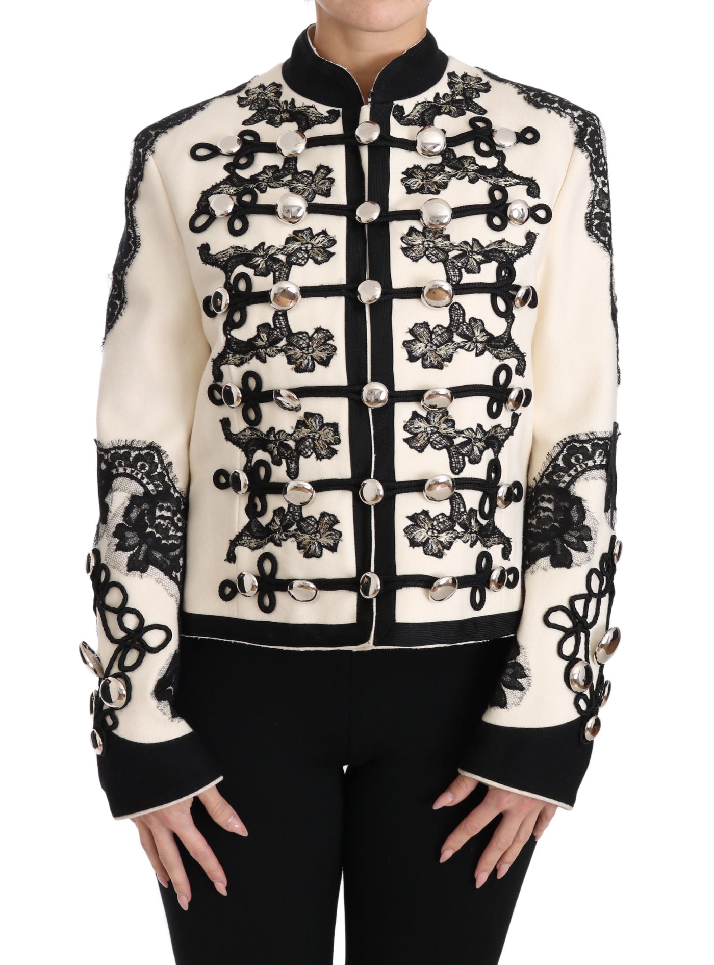Veste baroque à fleurs noires en laine blanche Dolce &amp; Gabbana