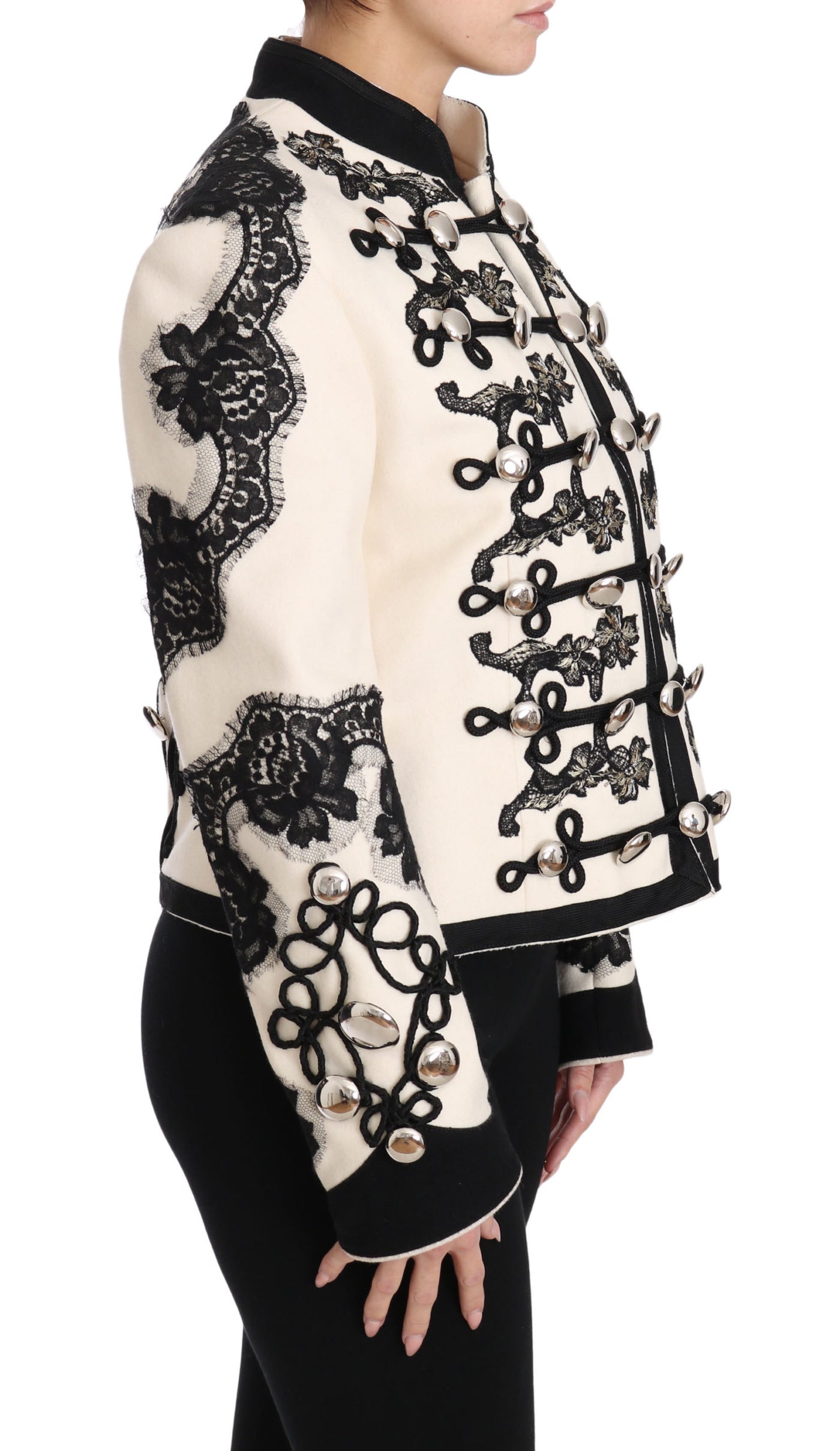 Veste baroque à fleurs noires en laine blanche Dolce &amp; Gabbana