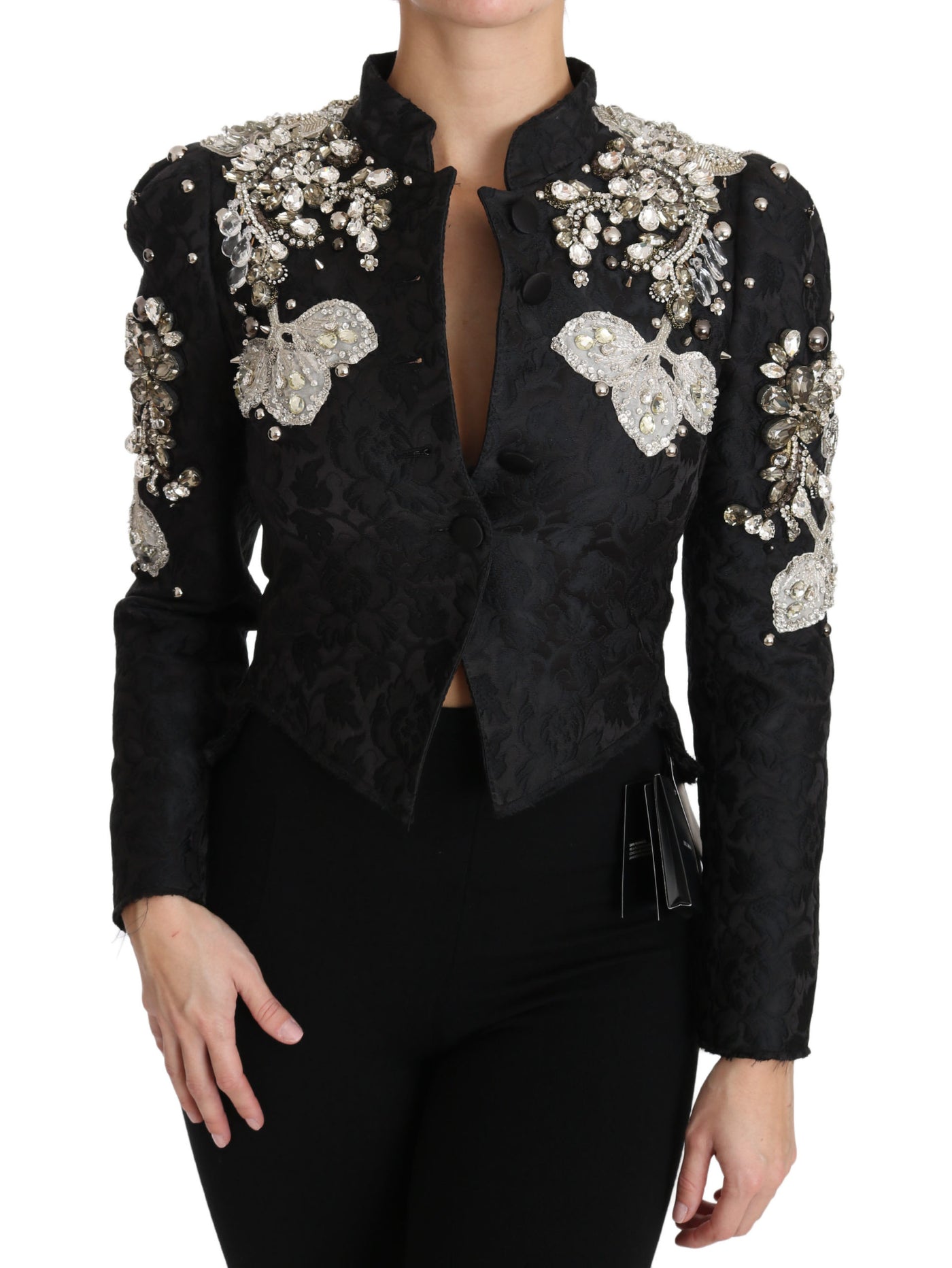 Veste noire en jacquard à fleurs et cristaux Dolce &amp; Gabbana