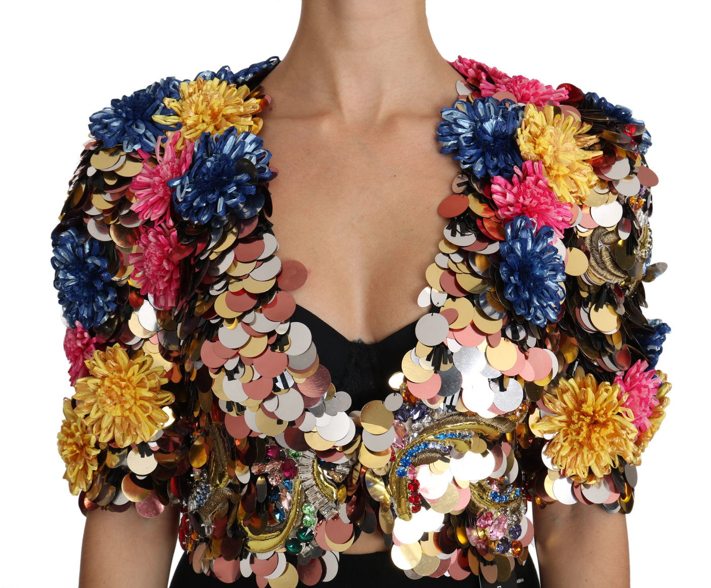 Dolce &amp; Gabbana - Manteau veste fleuri à paillettes et cristaux