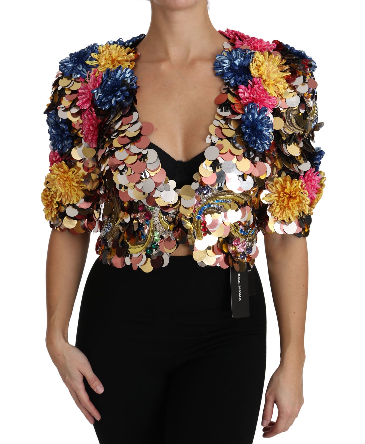 Dolce &amp; Gabbana - Manteau veste fleuri à paillettes et cristaux