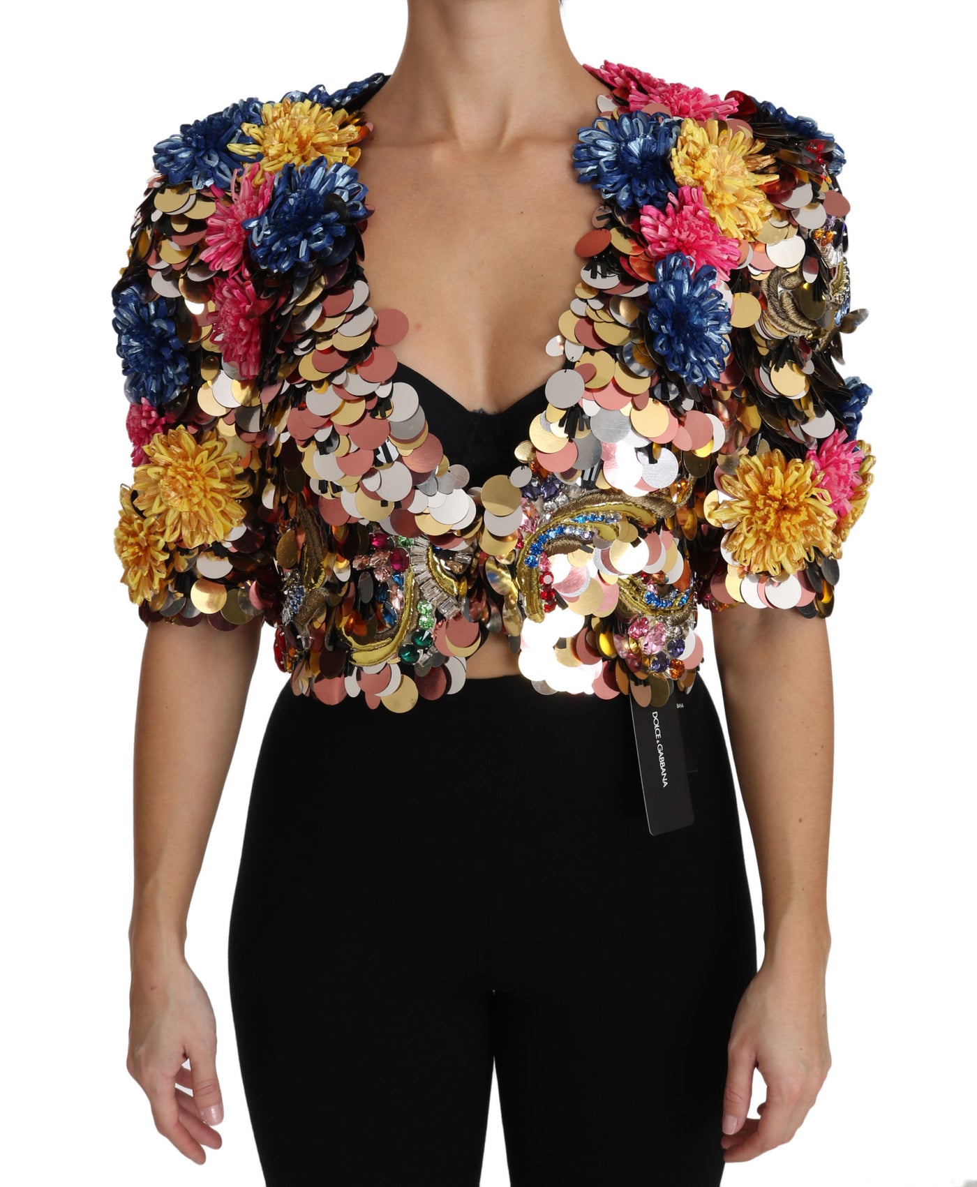 Dolce &amp; Gabbana - Manteau veste fleuri à paillettes et cristaux