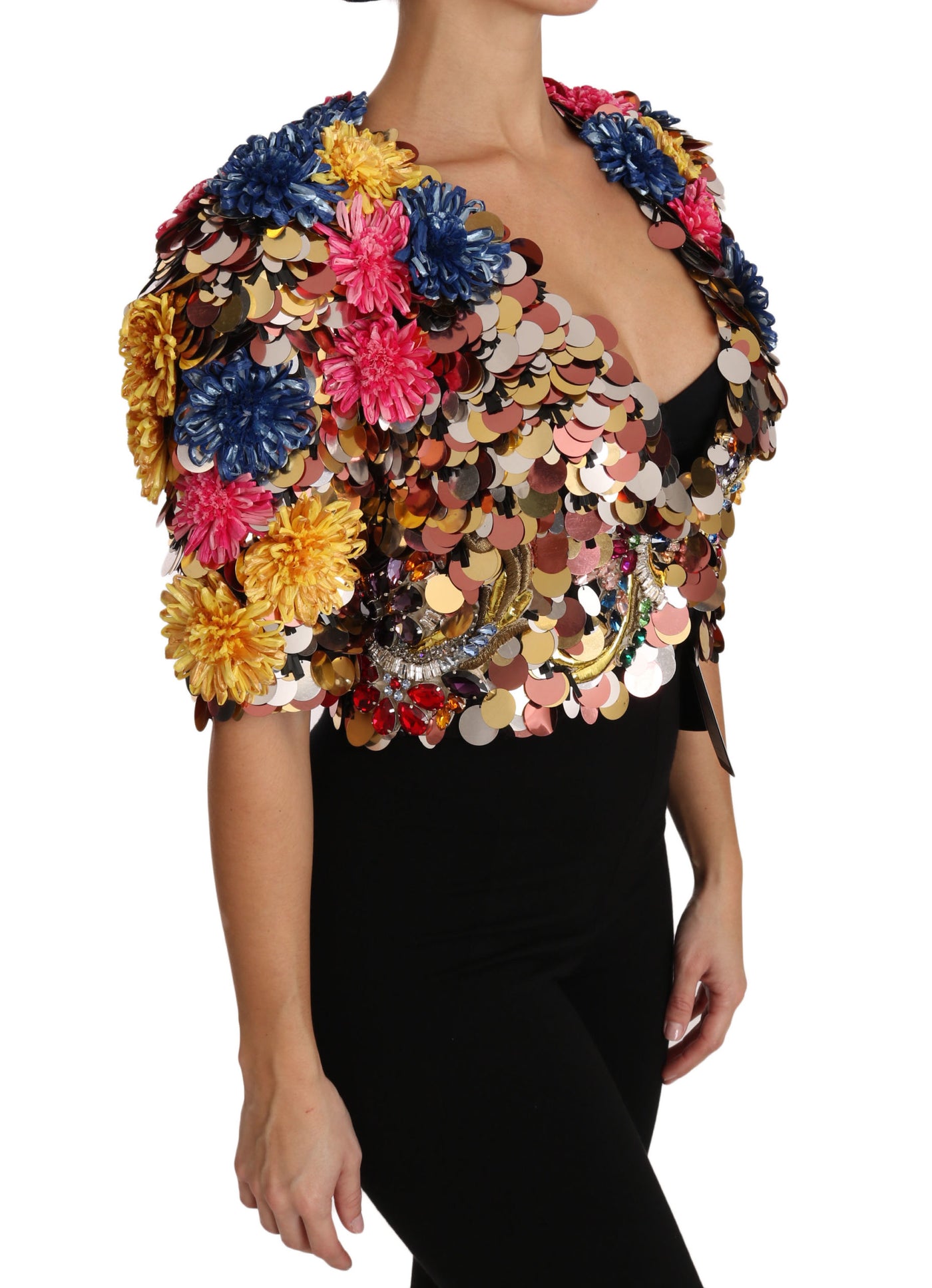 Dolce &amp; Gabbana - Manteau veste fleuri à paillettes et cristaux