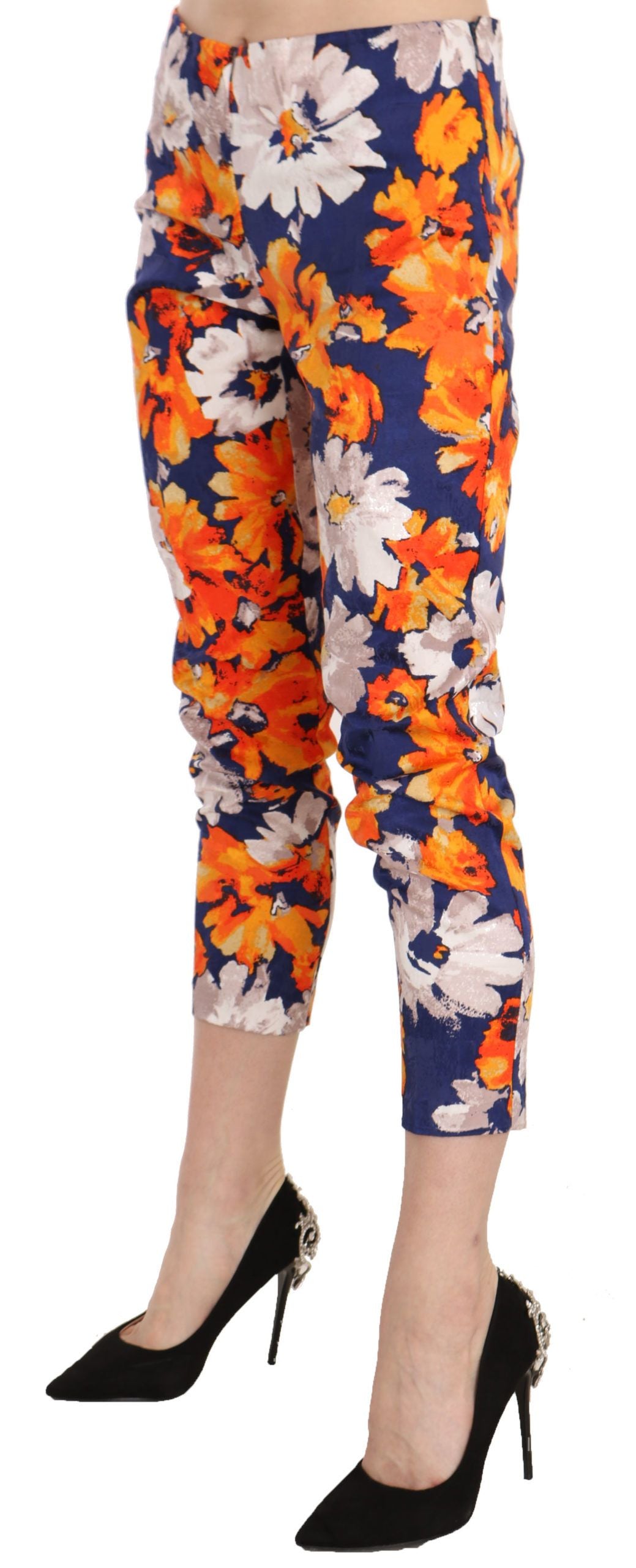 LANACAPRINA Blauwe bloemenprint skinny slim fit broek