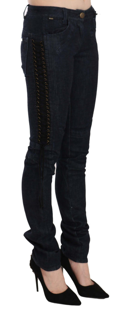 Just Cavalli Blauwe Lage Taille Skinny Broek Gevlochten String Broek