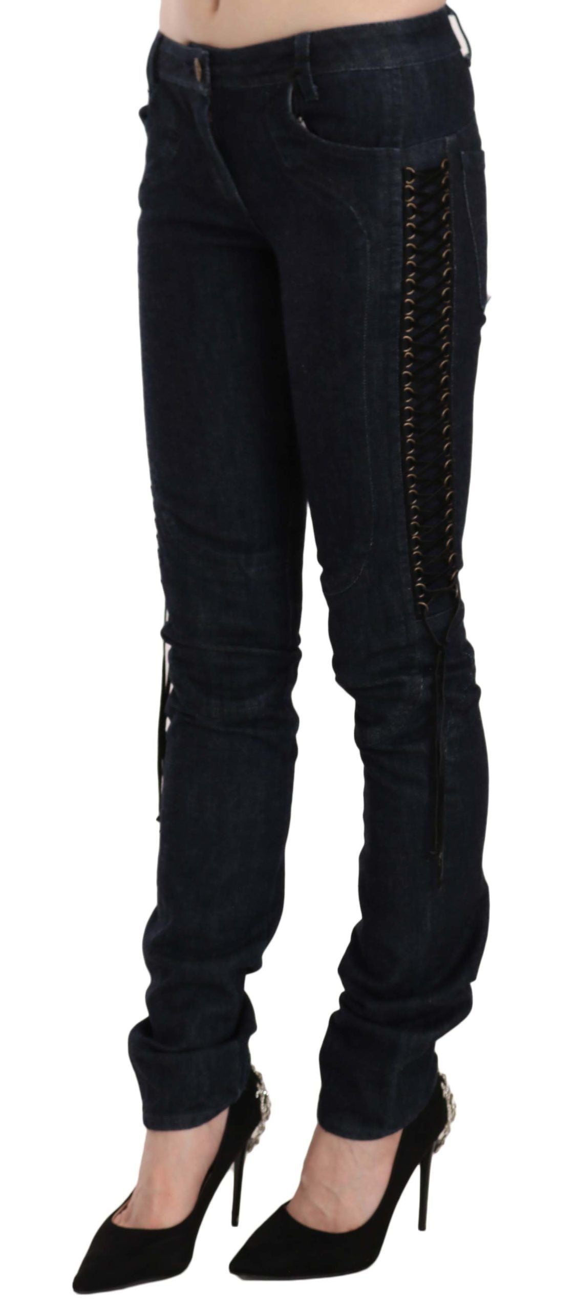 Just Cavalli Blauwe Lage Taille Skinny Broek Gevlochten String Broek