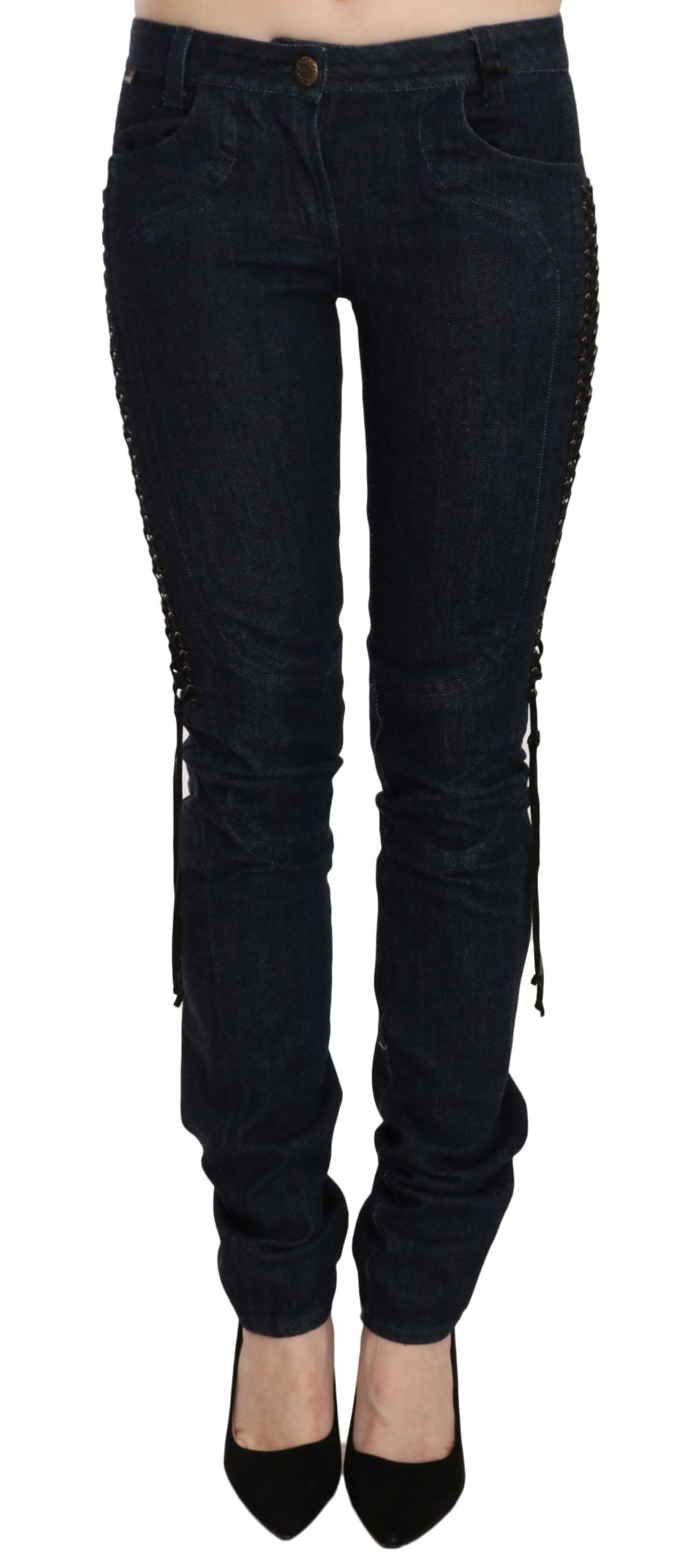 Just Cavalli Blauwe Lage Taille Skinny Broek Gevlochten String Broek