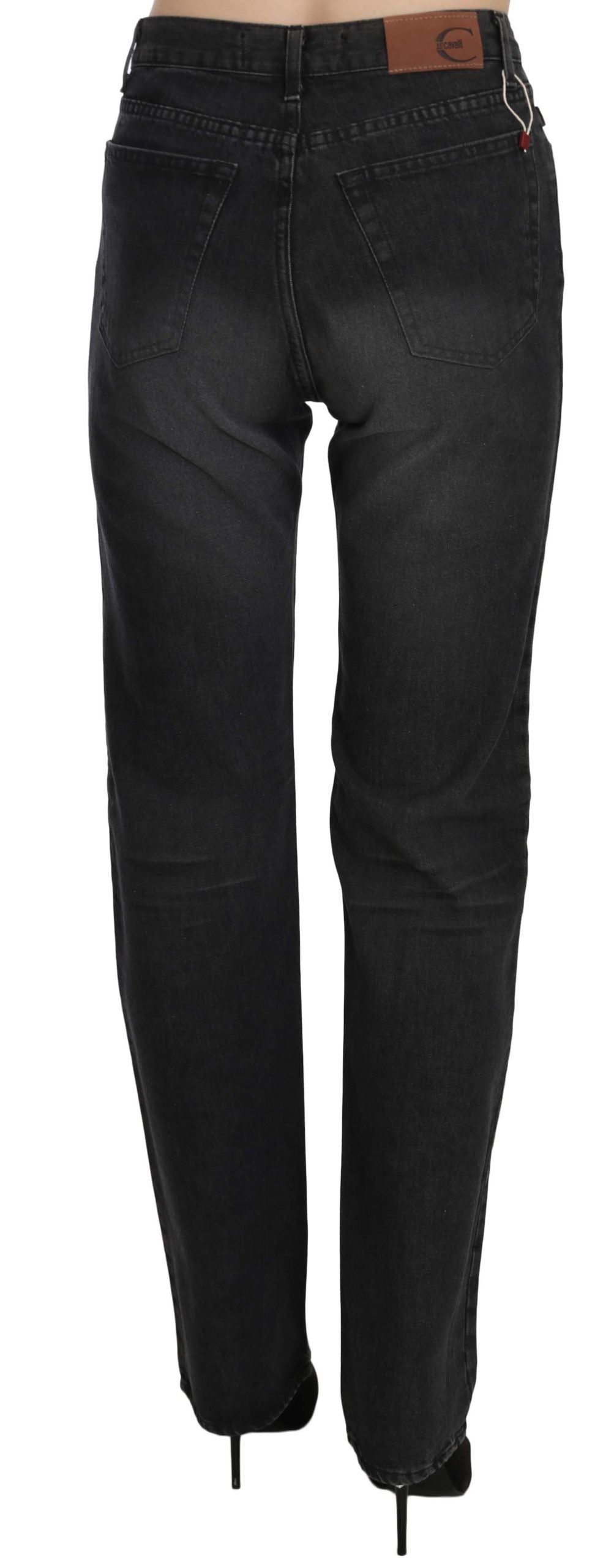 Just Cavalli Zwarte Gewassen Hoge Taille Rechte Denim Broek Jeans
