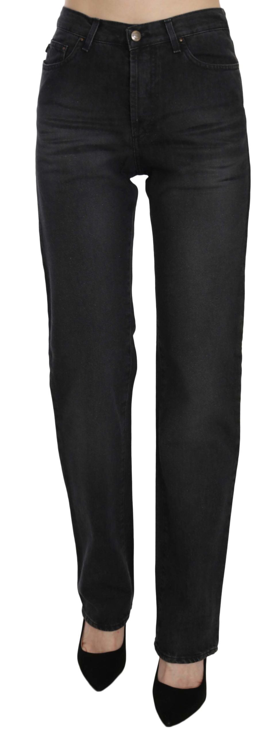 Just Cavalli Zwarte Gewassen Hoge Taille Rechte Denim Broek Jeans