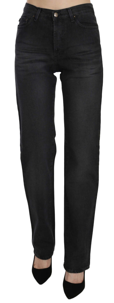 Just Cavalli Zwarte Gewassen Hoge Taille Rechte Denim Broek Jeans