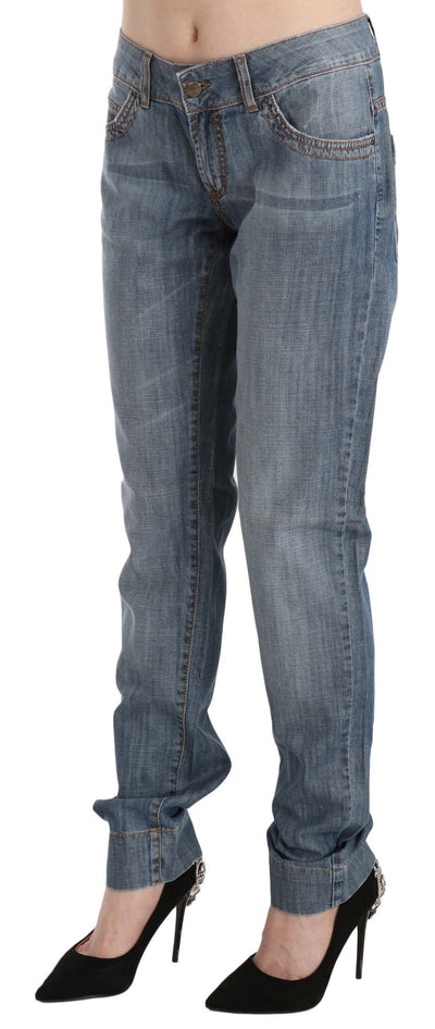 Just Cavalli Blauwe Gewassen Katoenen Lage Taille Slim Fit Denim Broek