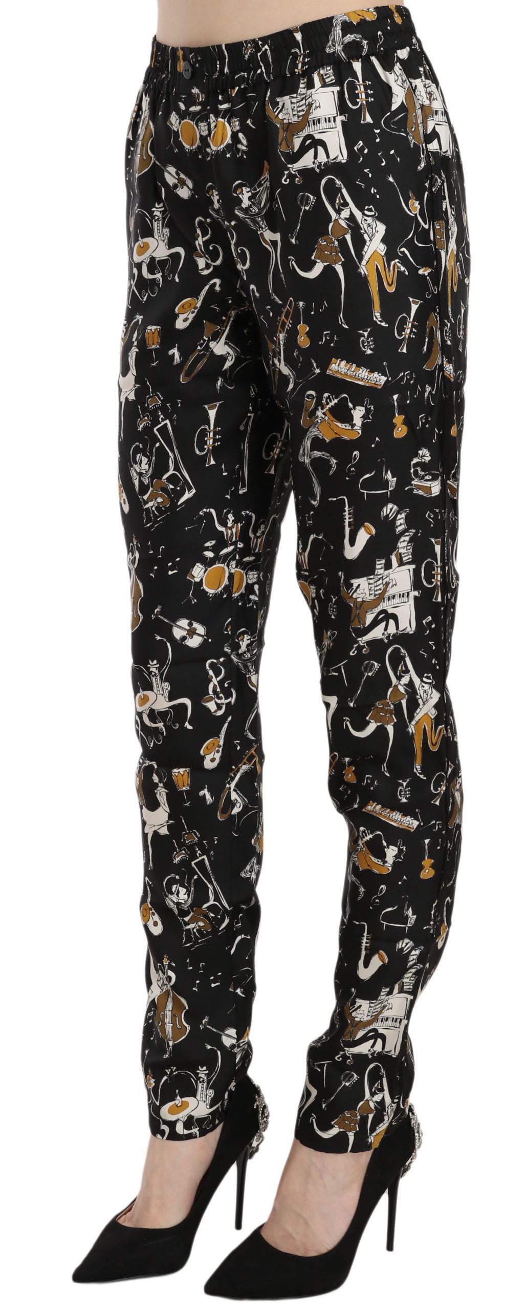 Dolce &amp; Gabbana Zwarte Jazz Club Print Hoge Taille Taps Toelopende Broek