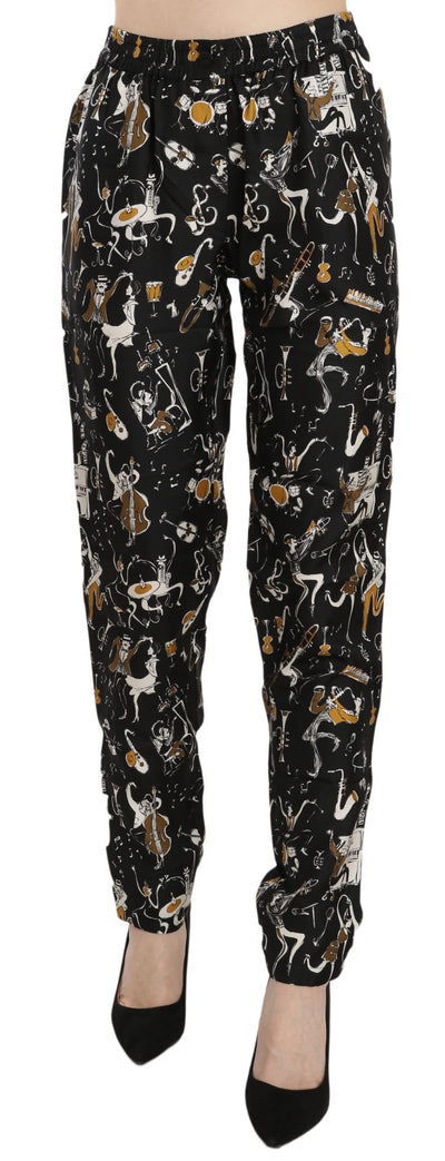 Dolce &amp; Gabbana Zwarte Jazz Club Print Hoge Taille Taps Toelopende Broek