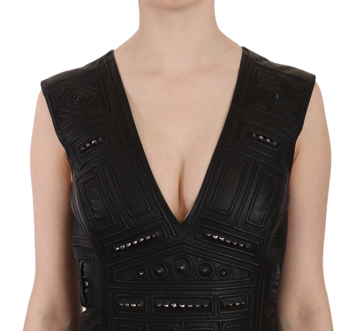 Robe courte droite cloutée en cuir noir John Richmond