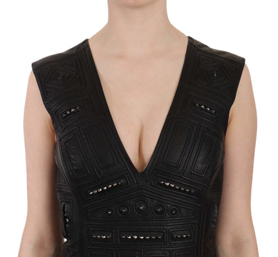 Robe courte droite cloutée en cuir noir John Richmond
