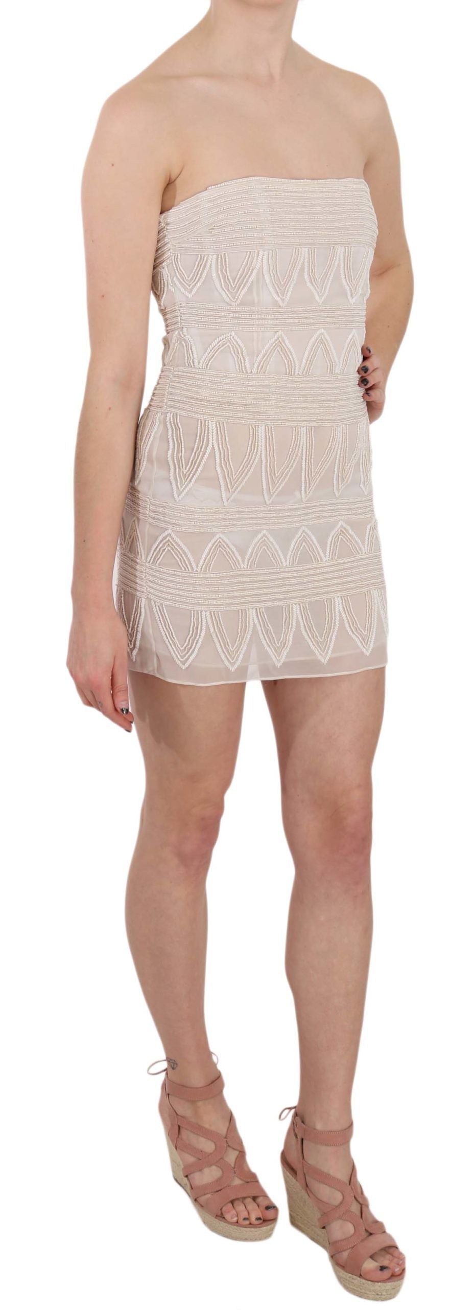 Robe courte en soie beige à perles de John Richmond