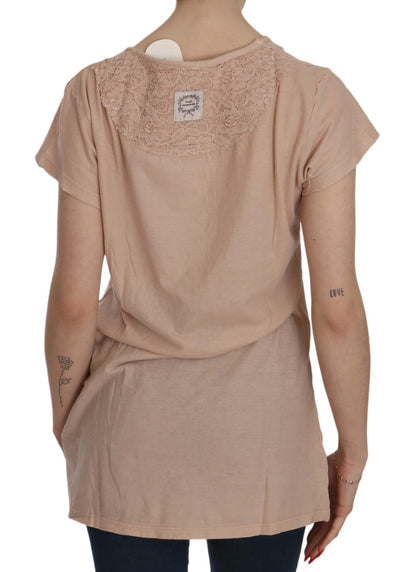 PINK MEMORIES Roze crème kant korte mouwen shirt top katoenen blouse