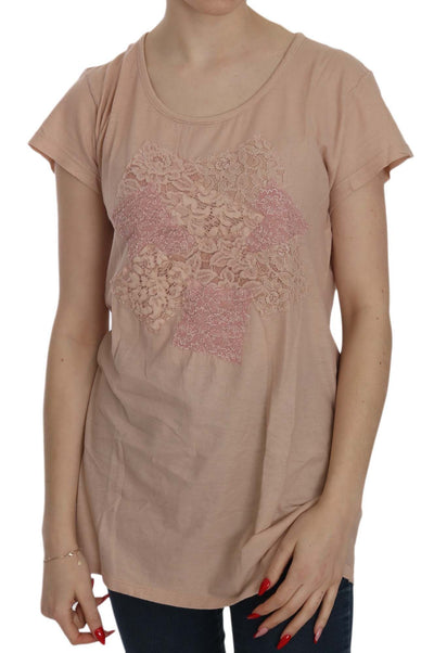 PINK MEMORIES Roze crème kant korte mouwen shirt top katoenen blouse