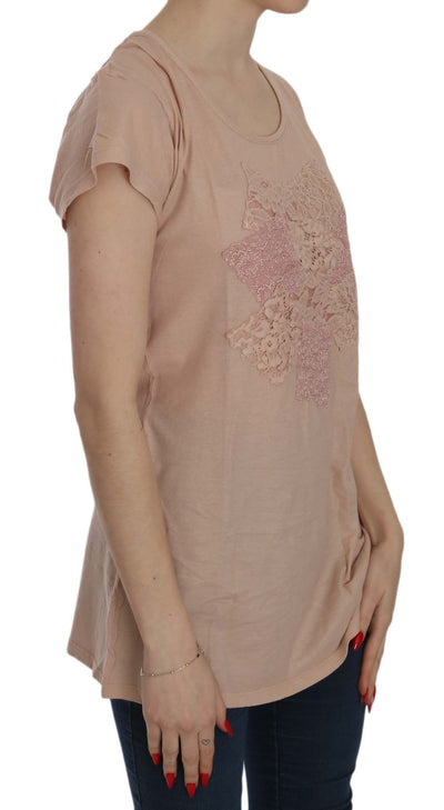 PINK MEMORIES Roze crème kant korte mouwen shirt top katoenen blouse