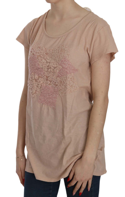 PINK MEMORIES Roze crème kant korte mouwen shirt top katoenen blouse