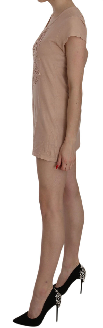 Robe courte droite à manches courtes en dentelle rose PINK MEMORIES