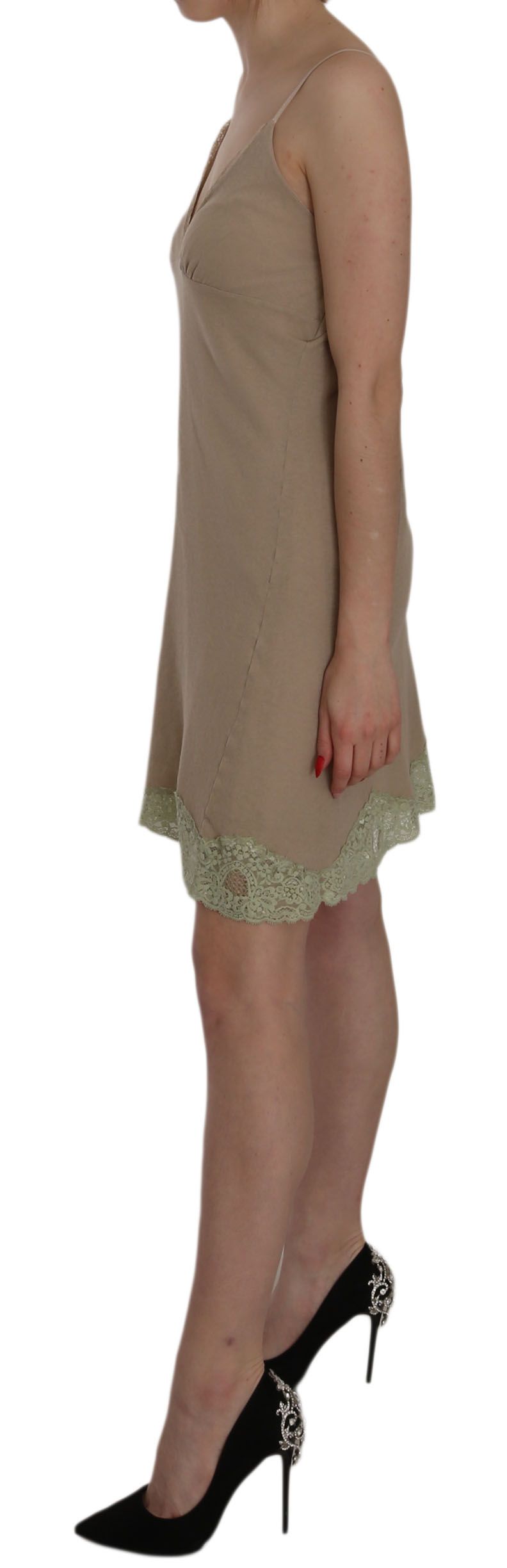 Robe courte en coton beige à bretelles spaghetti et dentelle PINK MEMORIES