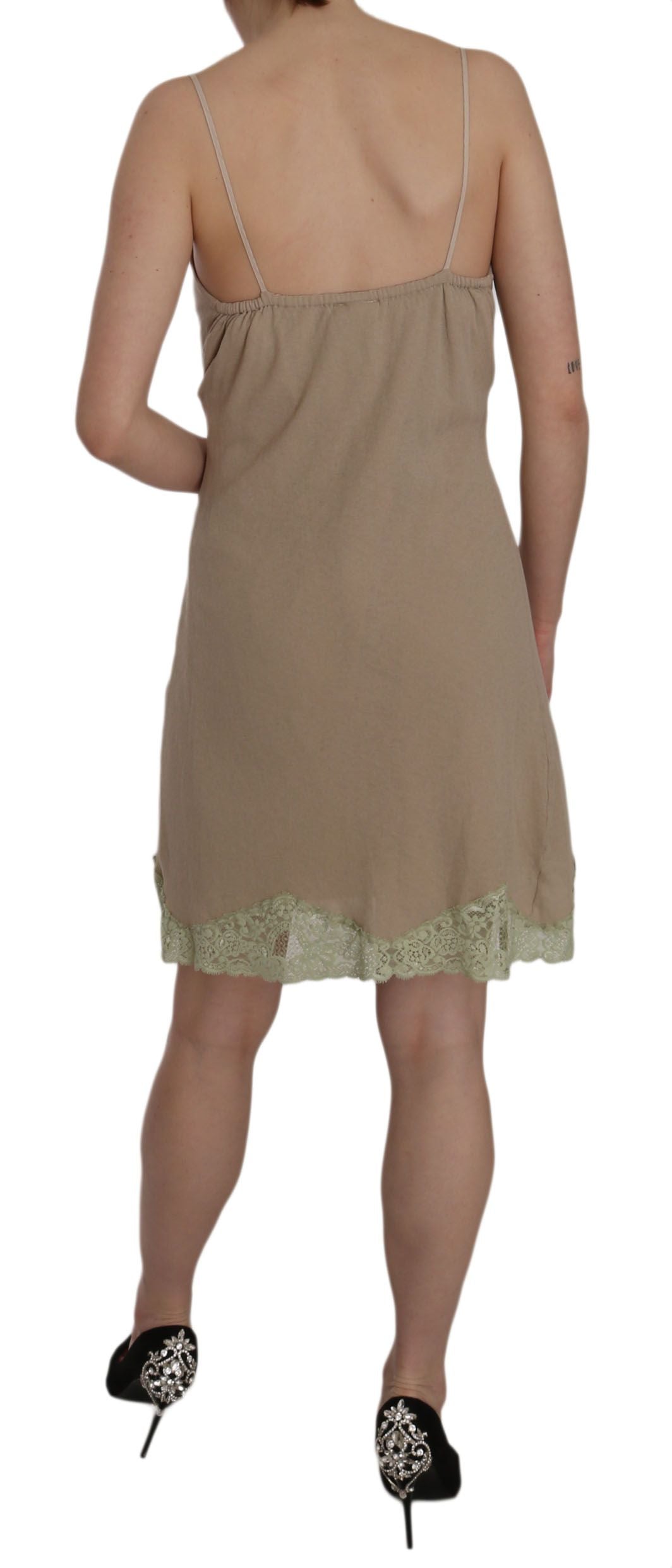 Robe courte en coton beige à bretelles spaghetti et dentelle PINK MEMORIES