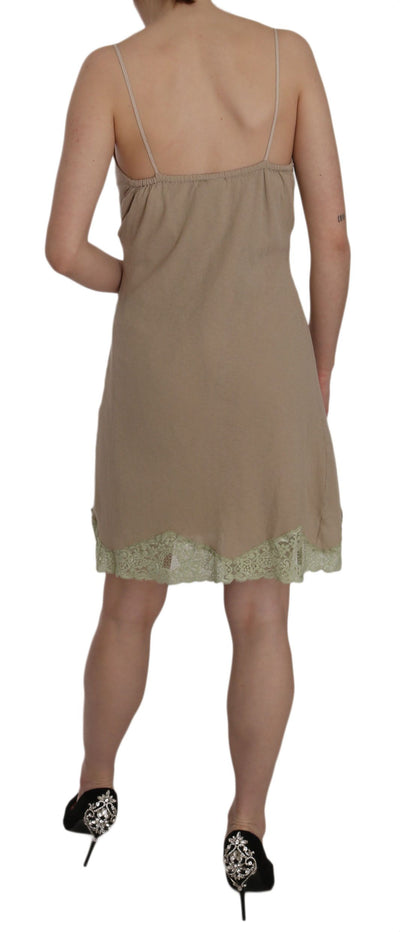Robe courte en coton beige à bretelles spaghetti et dentelle PINK MEMORIES