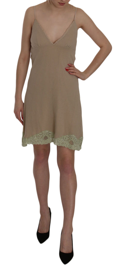 Robe courte en coton beige à bretelles spaghetti et dentelle PINK MEMORIES