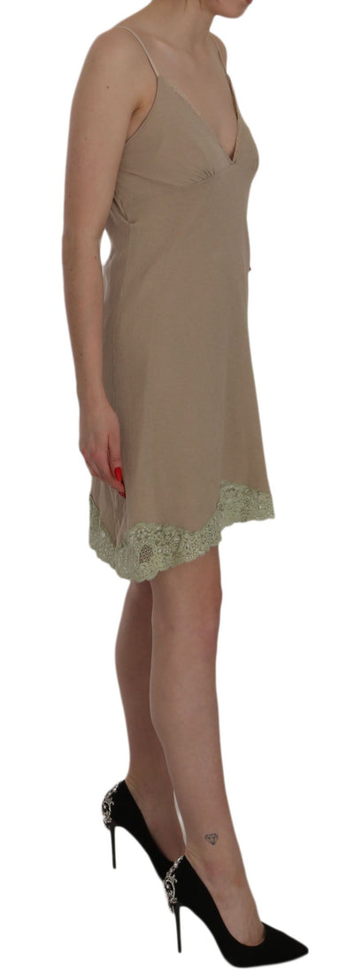 Robe courte en coton beige à bretelles spaghetti et dentelle PINK MEMORIES