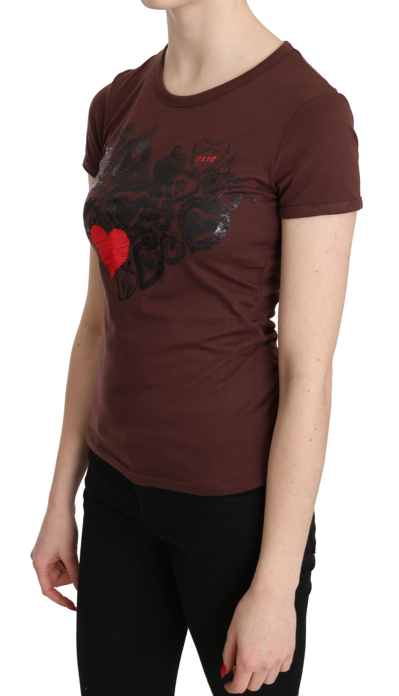 T-shirt col rond imprimé cœurs marron Exte