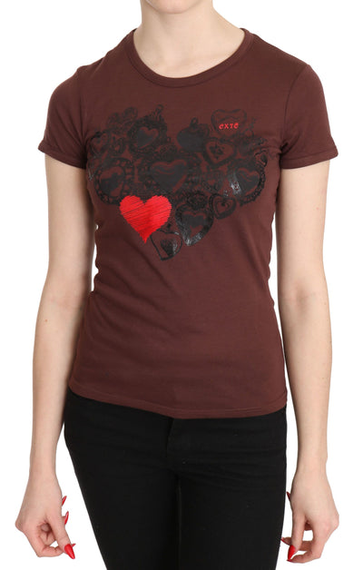 T-shirt col rond imprimé cœurs marron Exte