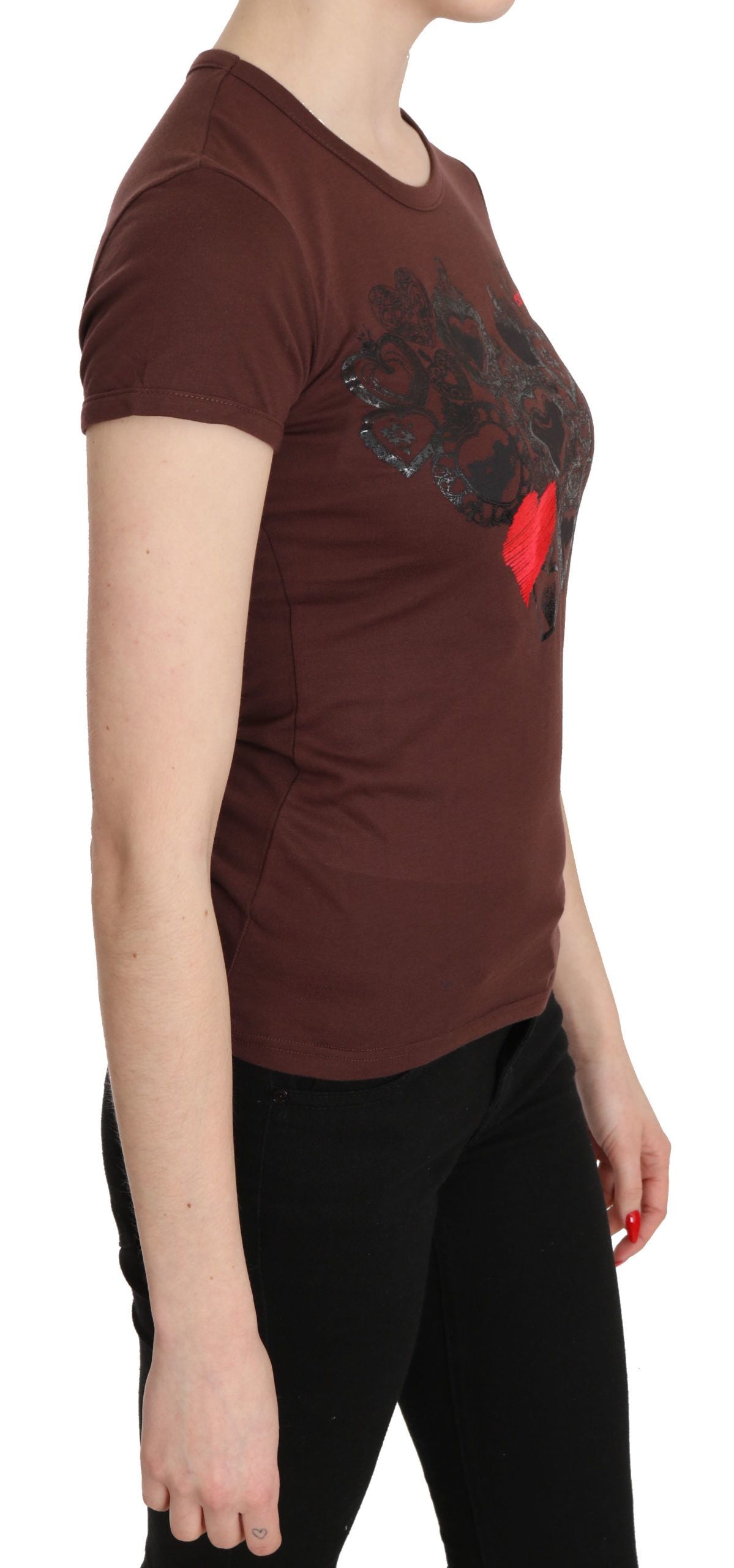 T-shirt col rond imprimé cœurs marron Exte