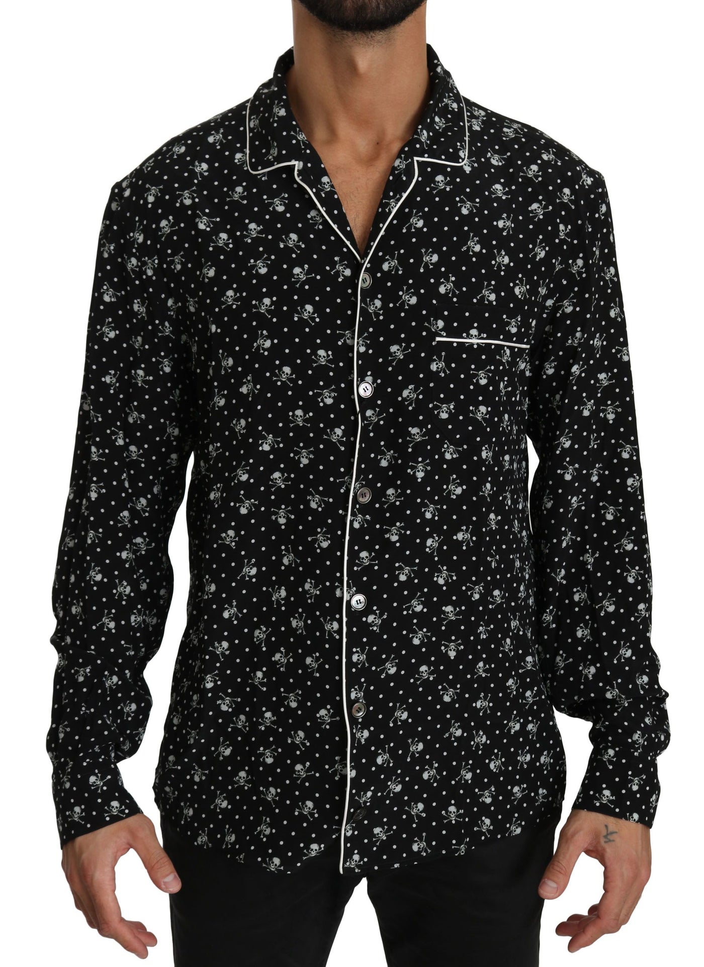 Chemise de nuit en soie noire à imprimé tête de mort Dolce &amp; Gabbana