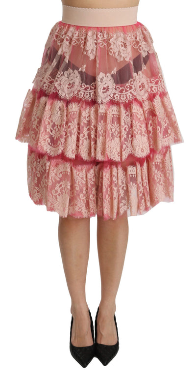 Dolce &amp; Gabbana roze kanten gelaagde hoge taille rok tot op de knie