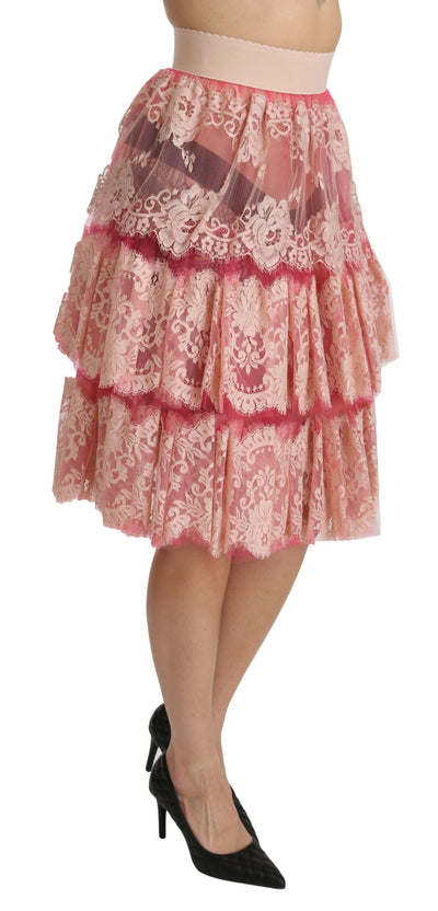 Dolce &amp; Gabbana roze kanten gelaagde hoge taille rok tot op de knie