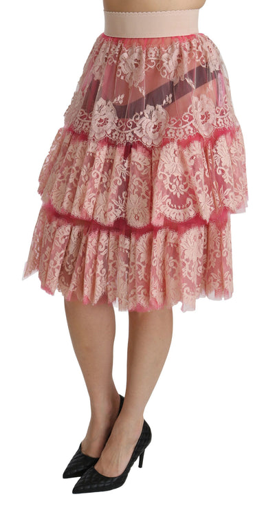 Dolce &amp; Gabbana roze kanten gelaagde hoge taille rok tot op de knie