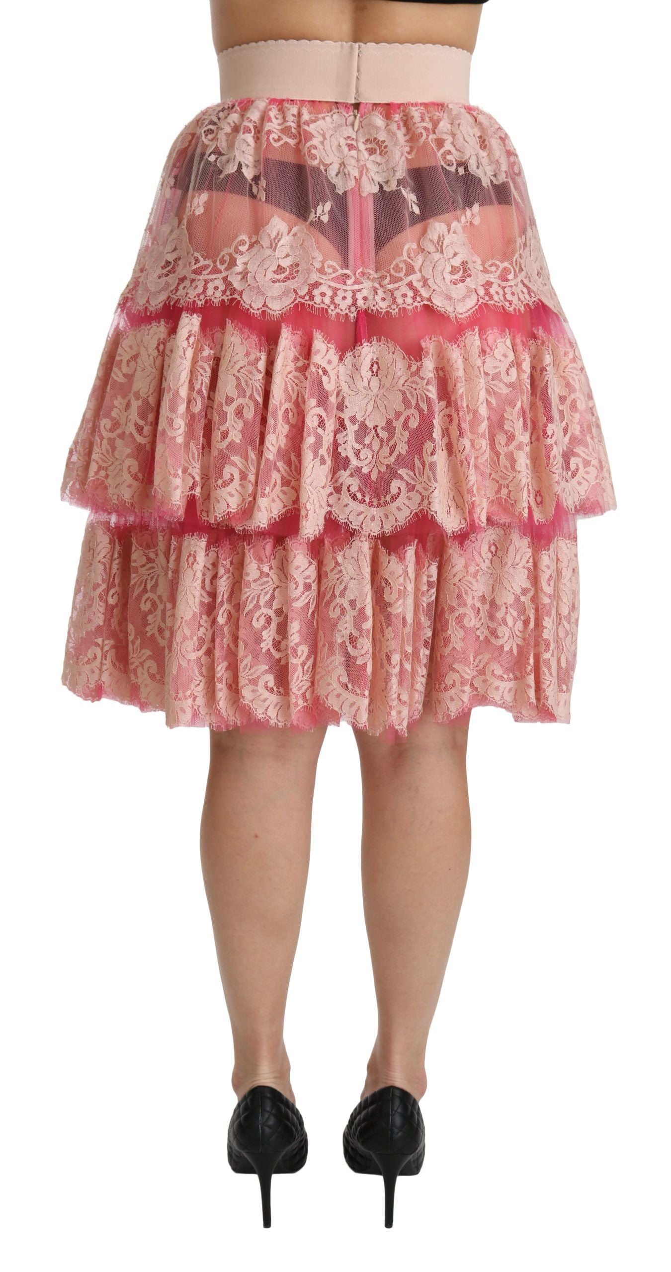 Dolce &amp; Gabbana roze kanten gelaagde hoge taille rok tot op de knie
