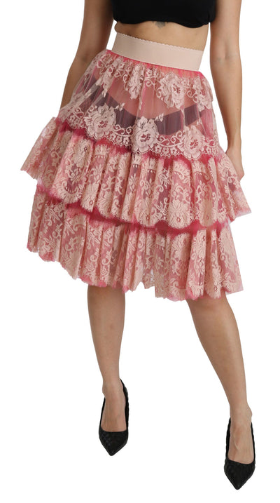 Dolce &amp; Gabbana roze kanten gelaagde hoge taille rok tot op de knie