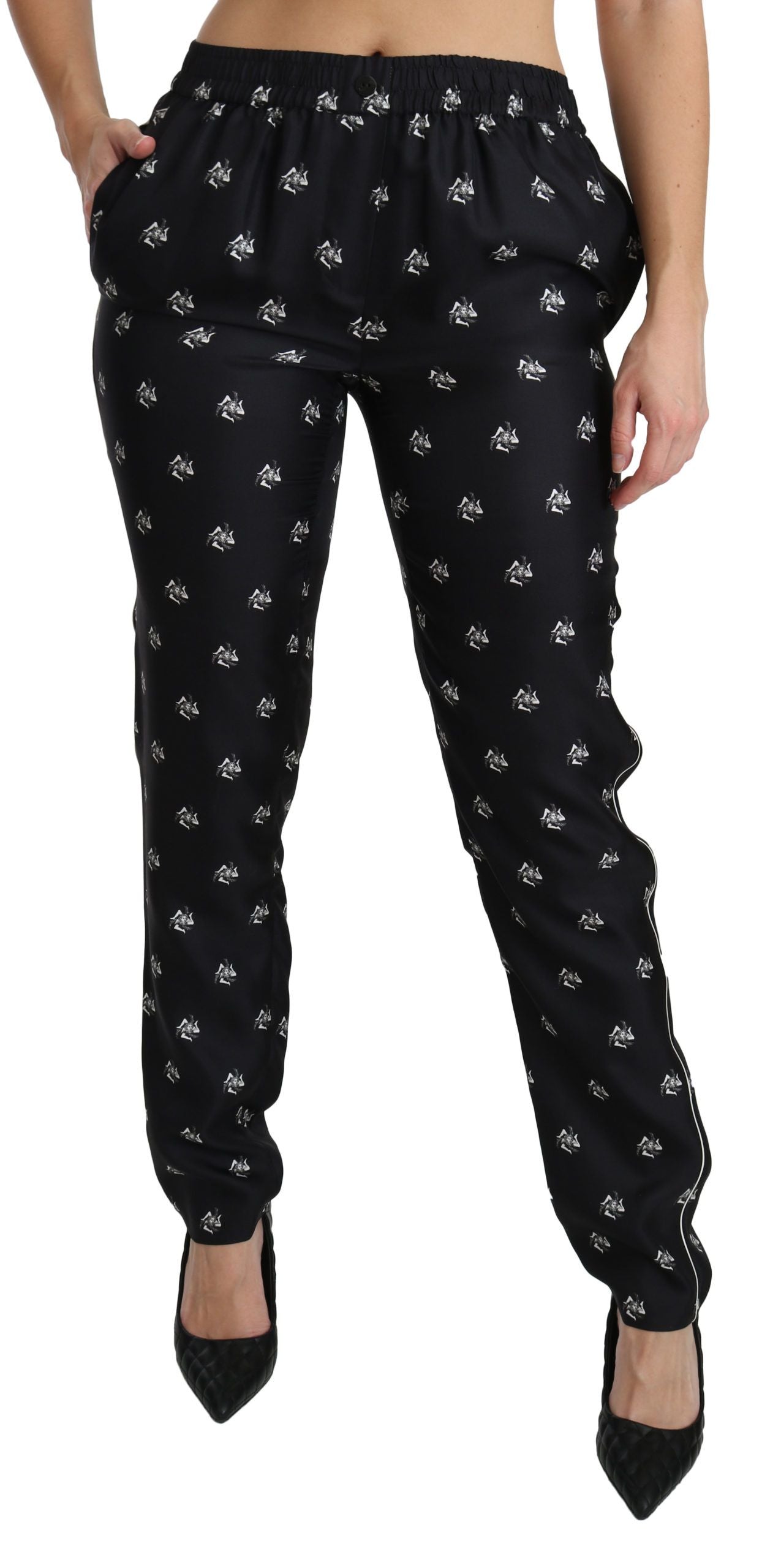 Dolce &amp; Gabbana Zwarte Zijden Broek met Print en Middelhoge Taille