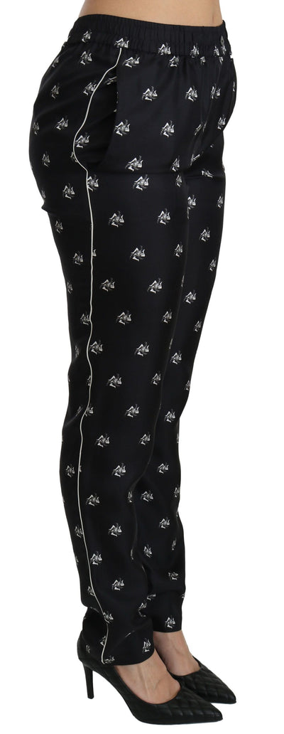 Dolce &amp; Gabbana Zwarte Zijden Broek met Print en Middelhoge Taille