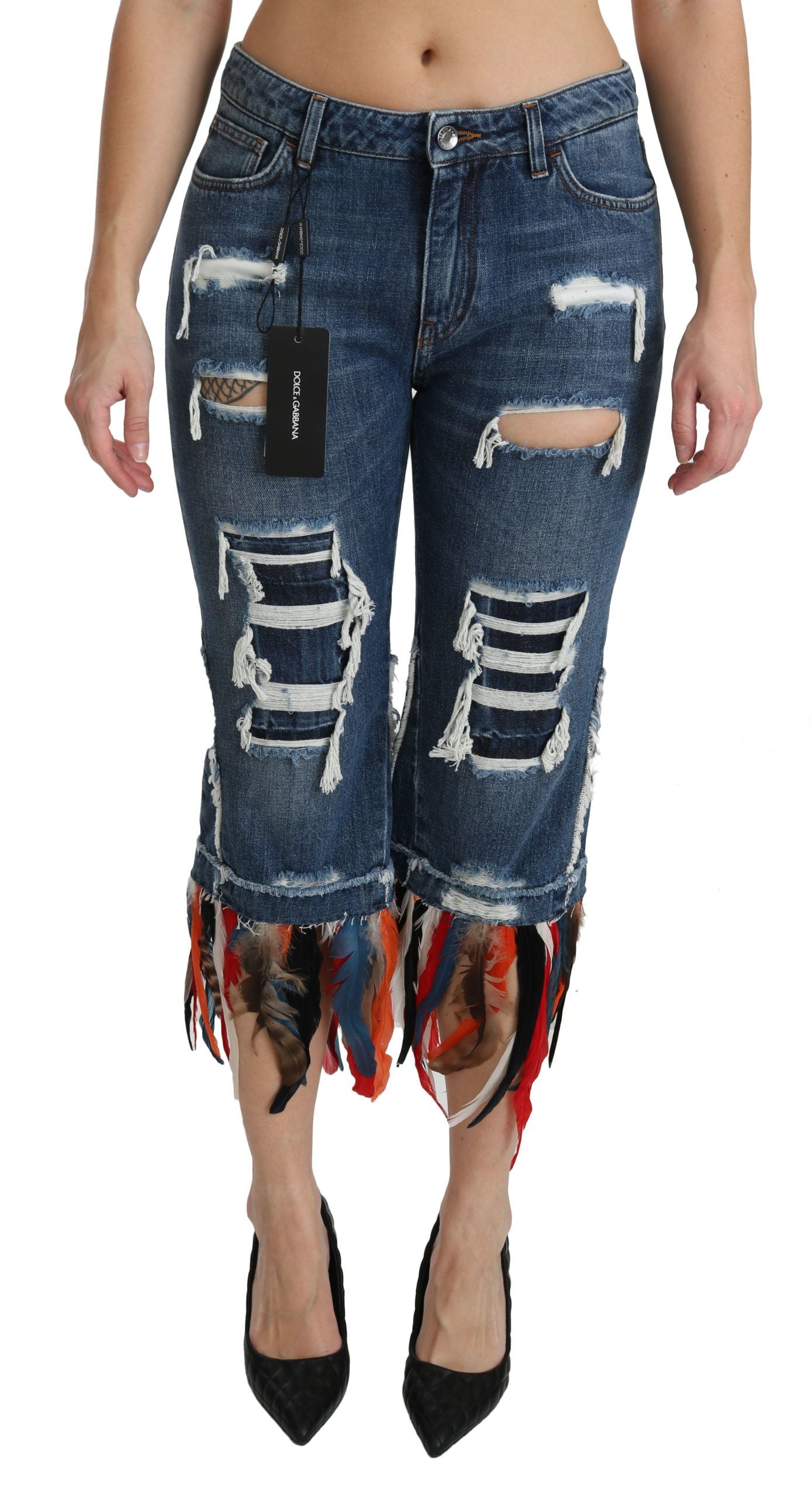 Dolce &amp; Gabbana Blue Feathers Low Waist Cropped Katoenen Jeans