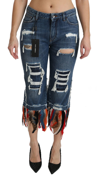 Dolce &amp; Gabbana Blue Feathers Low Waist Cropped Katoenen Jeans
