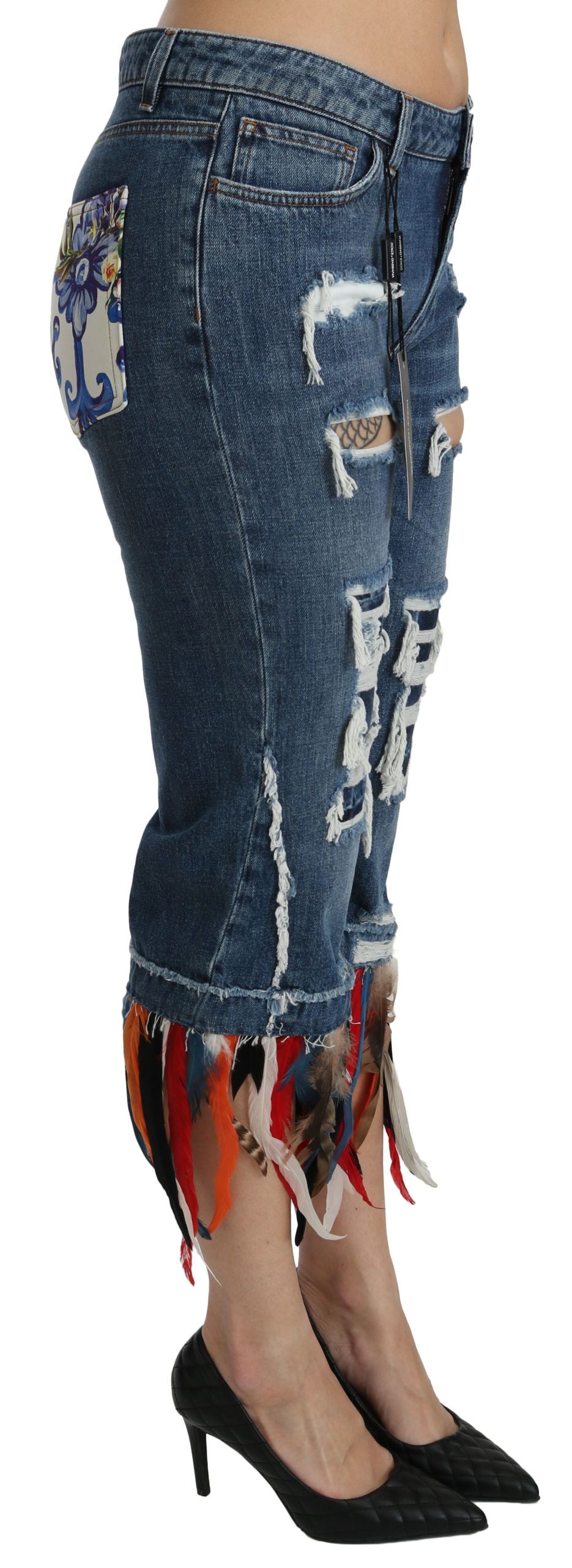 Dolce &amp; Gabbana Blue Feathers Low Waist Cropped Katoenen Jeans
