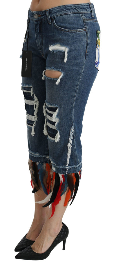 Dolce &amp; Gabbana Blue Feathers Low Waist Cropped Katoenen Jeans