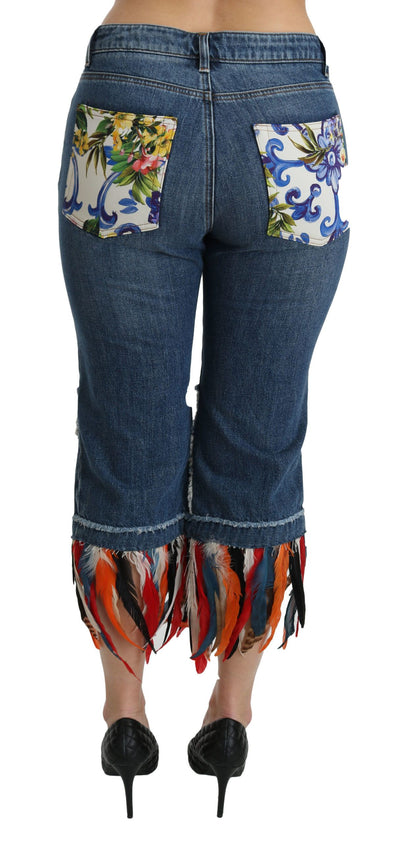 Dolce &amp; Gabbana Blue Feathers Low Waist Cropped Katoenen Jeans