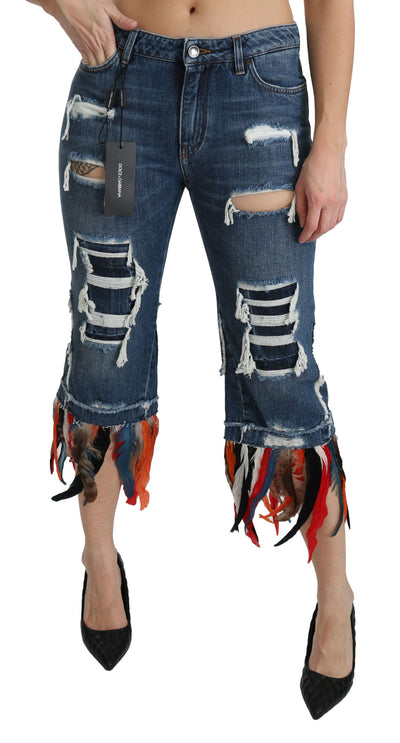 Dolce &amp; Gabbana Blue Feathers Low Waist Cropped Katoenen Jeans