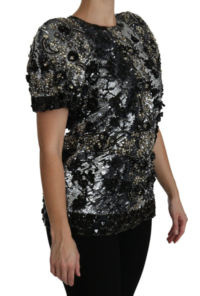 Dolce &amp; Gabbana Zwarte Top Blouse met Pailletten en Kristalversiering